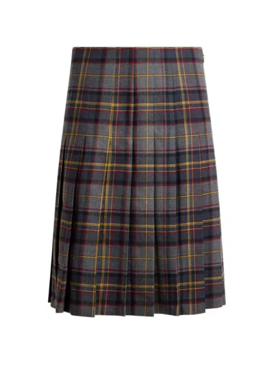 Etro Pleated Short Skirt In Stretch Wool With Check Motif In Gray
