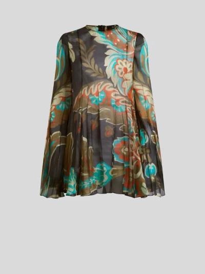Etro , Pleated Silk Mini Dress, Woman, Light Blue, Size 44 In Multi
