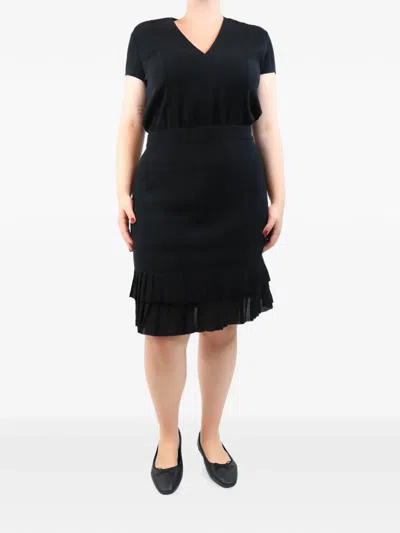 Pre-owned Etro Pleated-trim V-neck Midi Dress In Black