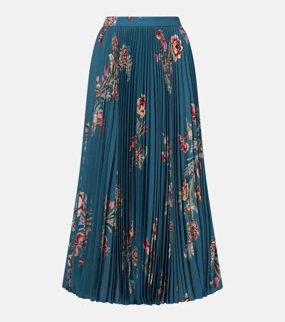 Etro Pleated Floral-print Midi Skirt In Blue