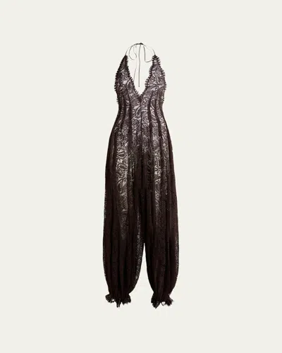 Etro Plunging Halter Lace Balloon-leg Jumpsuit In Brown