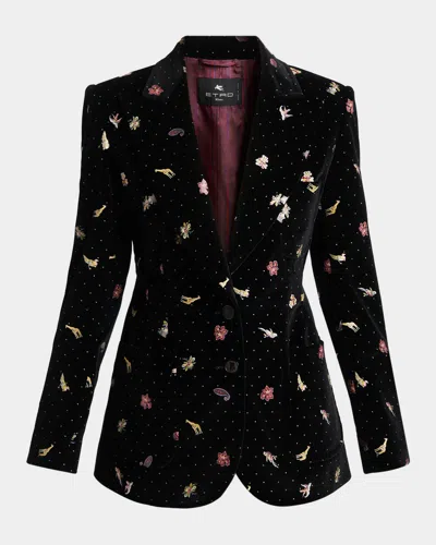 Etro Polka-dot Velvet Single-breasted Jacket In Printed Bl
