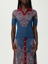 Etro Collared V-neck Polo With Patterned Ribbed Cuffs In Blue