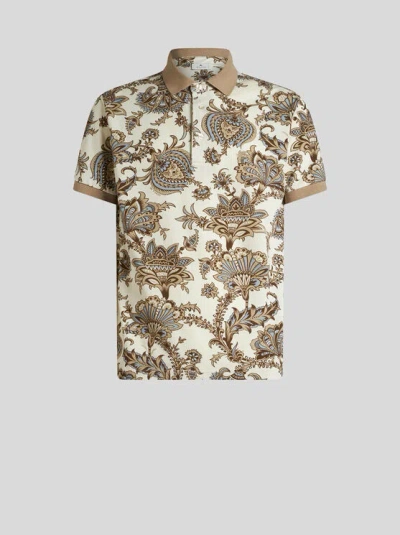 Etro Polo Shirt With Floral Print In Beige