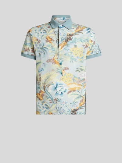 Etro Floral-print Polo Shirt In Blue