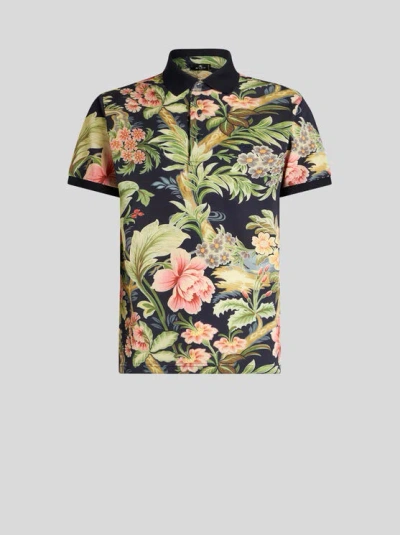 Etro Allover Floral Printed Short-sleeved Polo Shirt In Blue