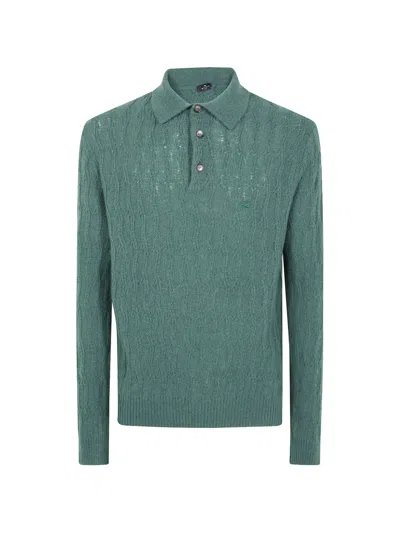 Etro Polo-style Sweater In Cashmere With Wavy Motif In Green