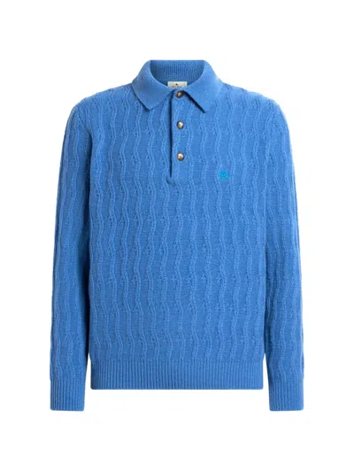 Etro Polo-style Sweater In Cashmere With Wavy-motif In Blue