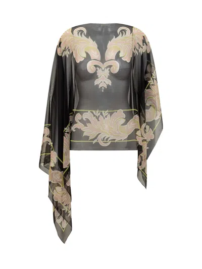 Etro Patterned Sheer Silk Poncho In Black