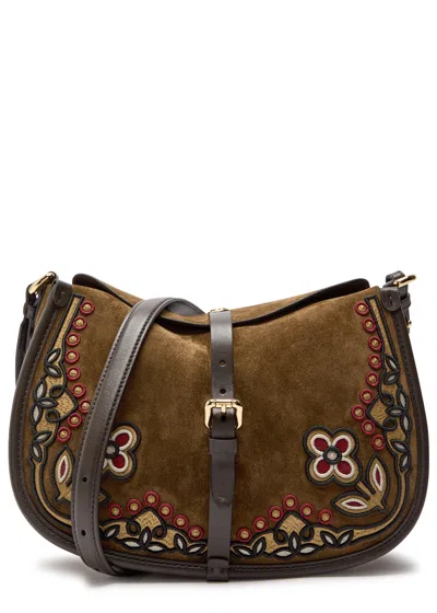 Etro Pony Embroidered Suede Cross-body Bag In Brown