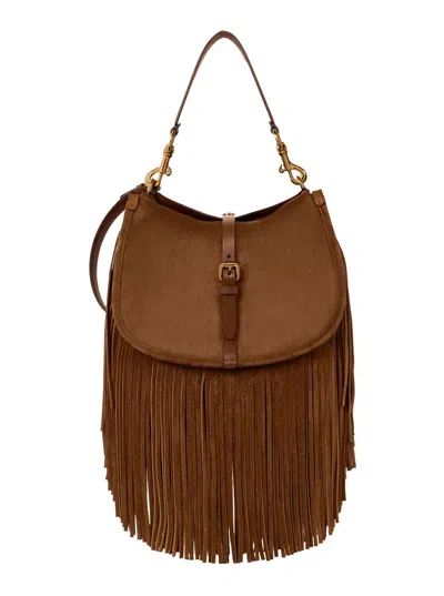 Etro Pony Suede Shoulder Handbag With Leather Details (30 X 20 X 10 Cm) In Beige