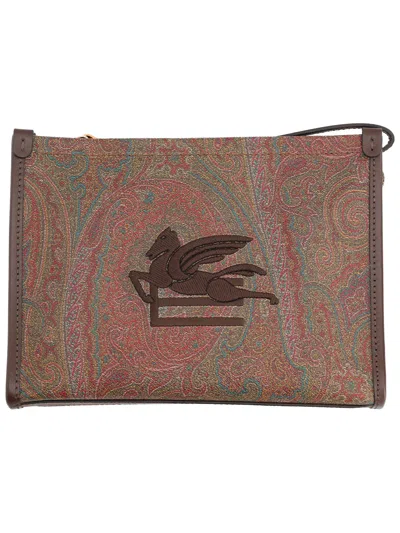 Etro Arnica Brown Clutch With Embroidered Logo On The Front And All-over Motif In Cotton Blend Woman