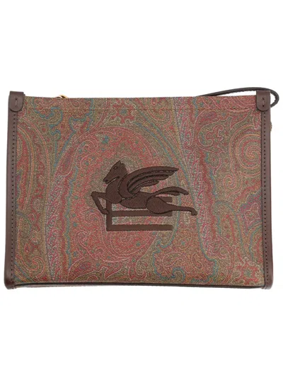 Etro Arnica Brown Clutch With Embroidered Logo On The Front And All-over Motif In Cotton Blend Woman In Yellow