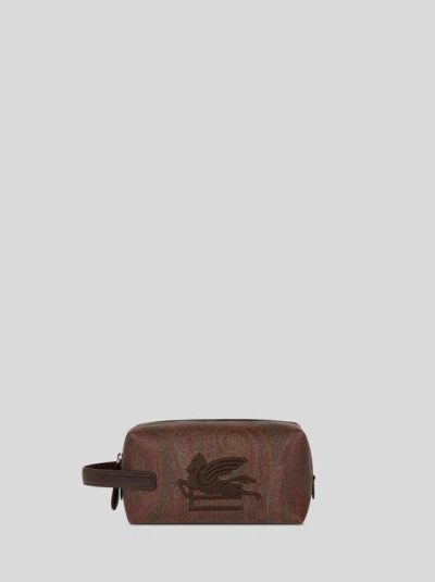 ETRO , SMALL ARNICA POUCH WITH PEGASO EMBROIDERY, MAN, BROWN