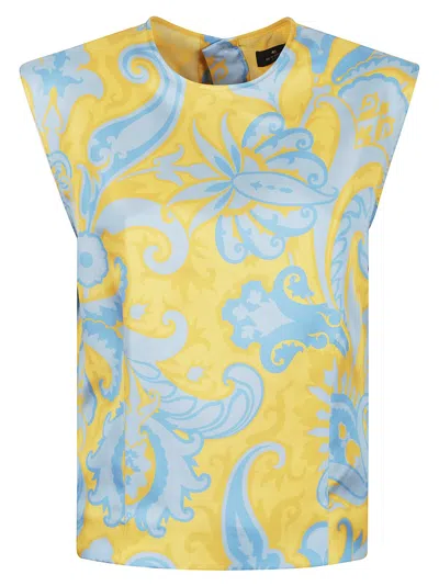 Etro Powder Blue And Yellow Swirl Top In Gold