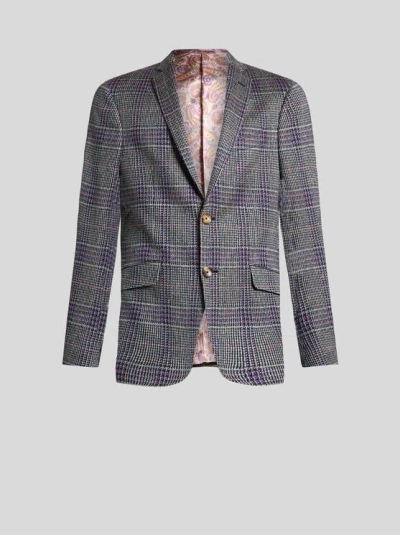 ETRO , PRINCE-OF-WALES COTTON/LINEN BLEND BLAZER, MAN, PURPLE, SIZE 54