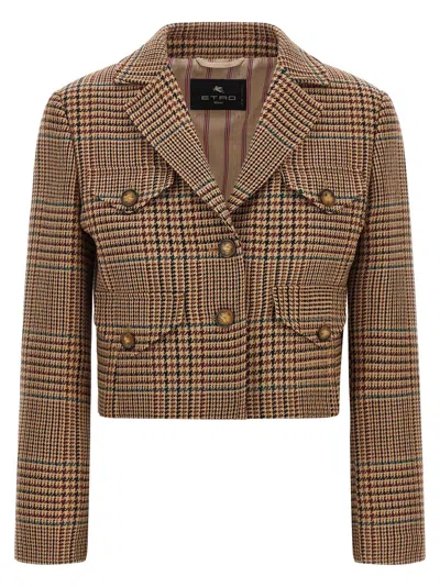 Etro Prince Of Wales Wool Blazer In Tan