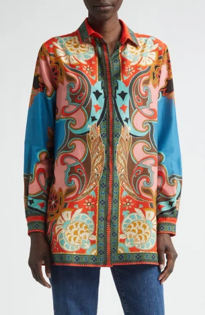 Etro Print Cotton & Silk Tunic Button-up Shirt In Multi