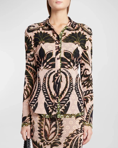 Etro Printed African-mesh Long-sleeve Collared Shirt In Neutral