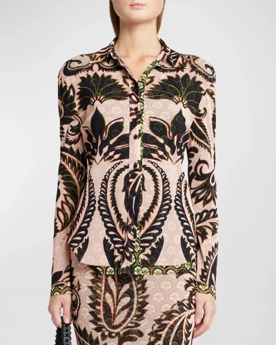 Etro Printed African-mesh Long-sleeve Collared Shirt In Pink