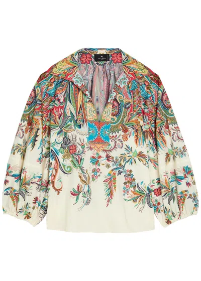 Etro Printed Balloon-sleeve Cotton-poplin Top In Multi