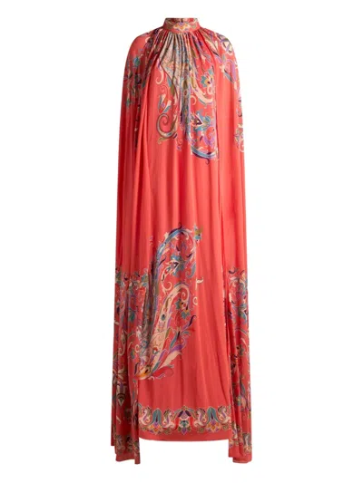 Etro Printed Cape Dress In Red