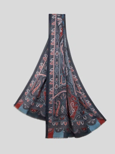 Etro , Printed Cashmere And Silk Scarf, Man, Blue