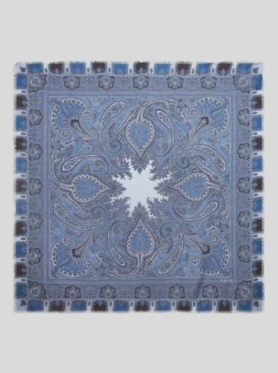 Etro Printed Cashmere Shawl In Navy Blue