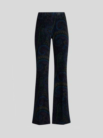 Etro , Printed Corduroy Velvet Trousers, Woman, Size 48 In Blue