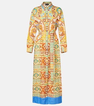 Etro Printed Cotton And Silk Midi Dress In Yellow