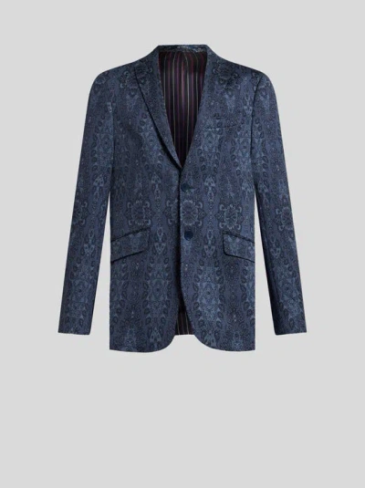 Etro Printed Cotton-blend Jersey Blazer In Navy Blue