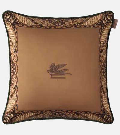 Etro Printed Cotton Cushion In Brown