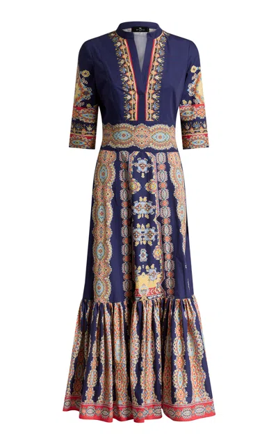 Etro Printed Cotton Midi Dress In Blue