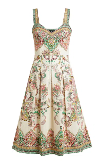 Etro Paisley Print Midi Dress With Sweetheart Neckline And Pleated Skirt In Multi