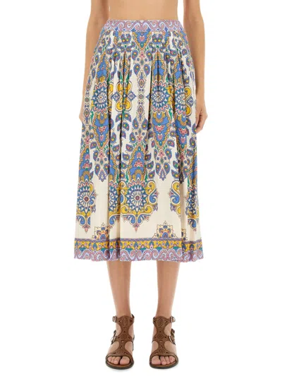 Etro Printed Cotton Midi Skirt In Blue