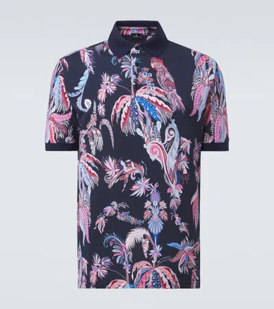Etro Parrot-print Palm-tree-print Polo Shirt In Blue