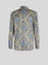 Etro , Printed Cotton Shirt, Man, Navy Blue, Size 40 In Navy Blue