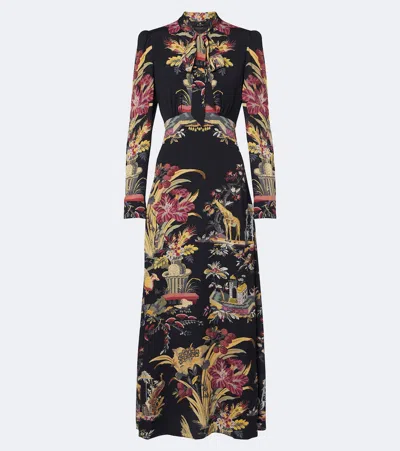 Etro Long Dress With Silk Scarf And Placed Flower And Animal Print In Black