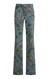 Etro Printed Denim Flared Jeans In Green