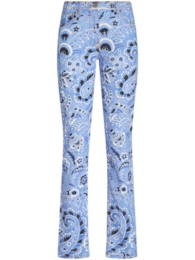 Etro Denim Jeans With Printed Bandana And Paisley In Clear Blue
