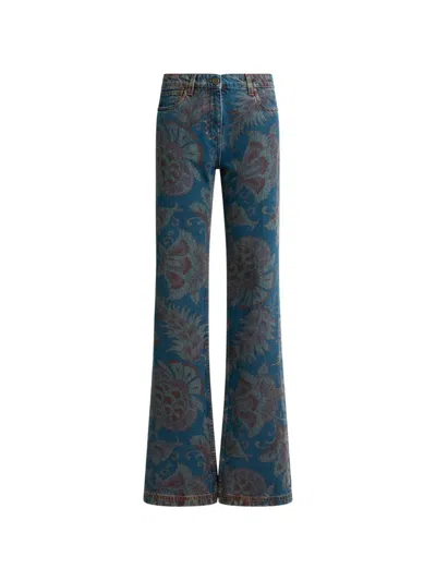 Etro Printed Denim Trousers In Blue