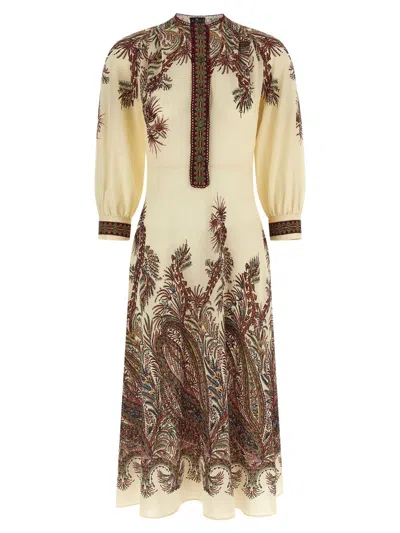 Etro Sable Midi Dress With Floral Paisley Print In Nude