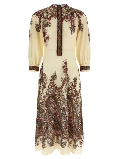 Etro Sable Midi Dress With Floral Paisley Print In Nude