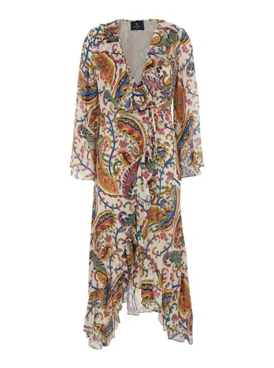 Etro Women Multicolor Long Dress With V Neck And All-over Paisley Motif In Silk Woman In Animal Print