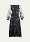 Etro Printed Floral Embroidered Balloon Sleeve Midi Dress In Black
