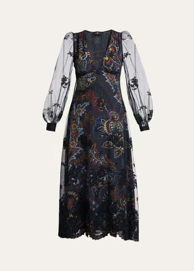 Etro Printed Floral Embroidered Balloon Sleeve Midi Dress In Black