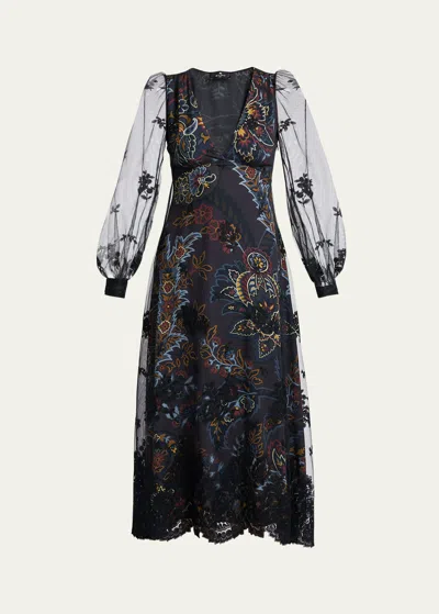 Etro Printed Floral Embroidered Balloon Sleeve Midi Dress In 黑色