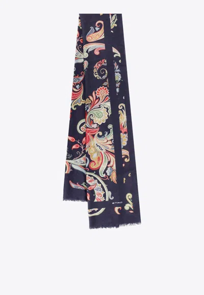 Etro Graphic-print Frayed Scarf In Blue