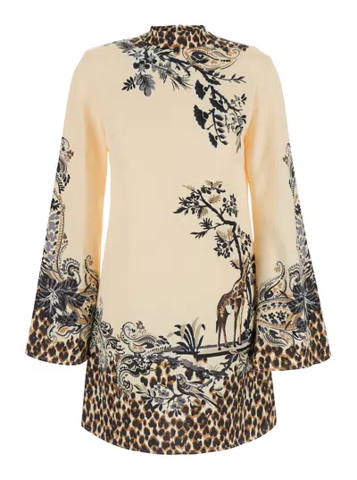 Etro Printed High-neck Dress With Flared Long Sleeves In Multicolor