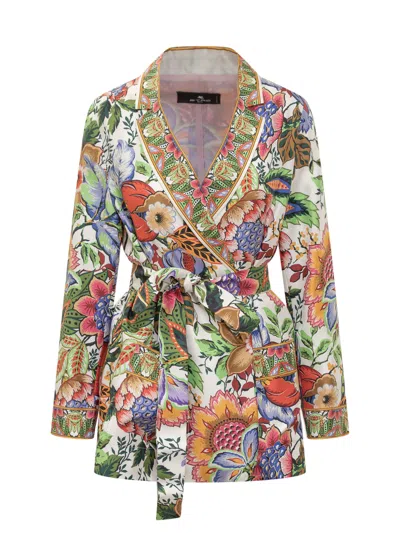 Etro Floral Silk Twill Belted Blazer In Multicolor